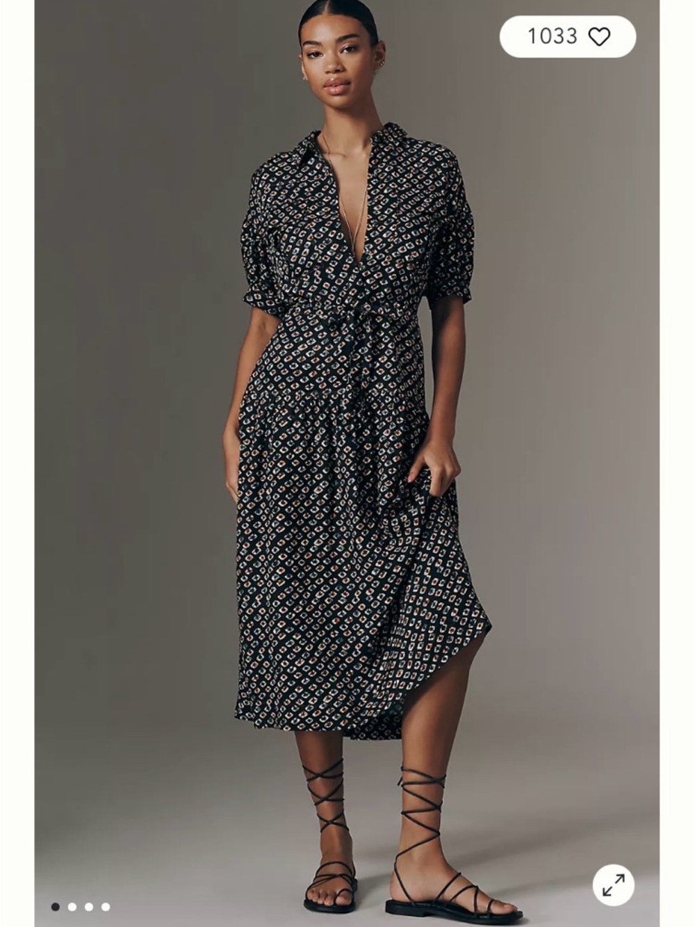 NWT Anthropologie Black Geometric Print Puff Sleeve Midi Shirt Dress L